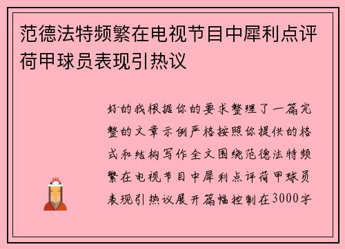 范德法特频繁在电视节目中犀利点评荷甲球员表现引热议
